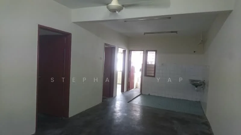 Room features: white painted walls, concrete flooring, ceiling fan, doorway leading to another room, doorway leading to outdoor area, sink, tile backsplash, window, light fixture, open layout.