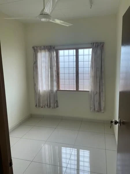 Room features: white painted walls, glossy ceramic tile flooring, ceiling fan, window with grid pattern, sheer curtains, light-colored curtains, door with handle.