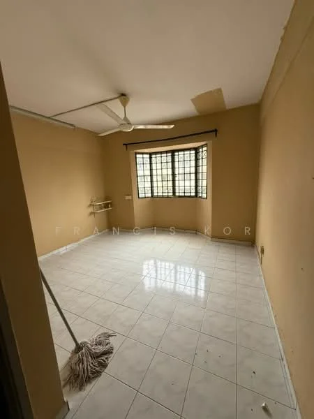Room features: cream painted walls, white tiled flooring, ceiling fan, large window with multiple panes, window treatments, corner shelf, mop on the floor.