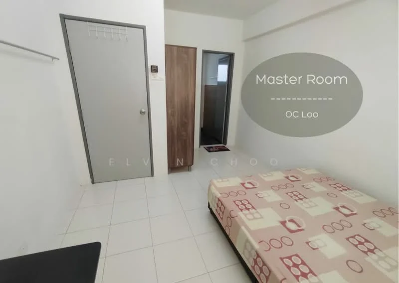 Bedroom features: white painted walls, tile flooring, queen-size bed with patterned bedspread, built-in wardrobe, single window, door leading to bathroom, light fixture on ceiling, small area rug.