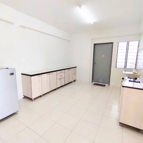 Kitchen features: white tiled flooring, white painted walls, ceiling lights, built-in cabinetry with wood finish, countertop with laminate surface, single-bowl stainless-steel sink, chrome pull-down faucet, gas stove with two burners, refrigerator, door leading to outside, window with grid design; style: modern.