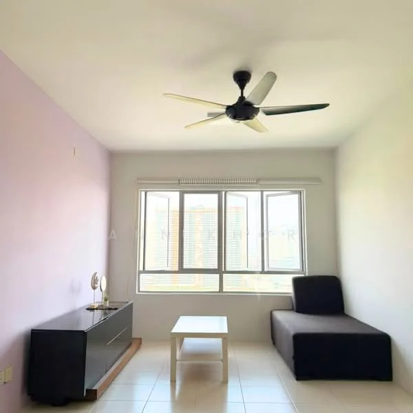 Living features: light grey painted walls, purple accent wall, white tiled flooring, 5-blade ceiling fan, large window with city view, black TV console, white coffee table, black sofa; style: modern; view: city.