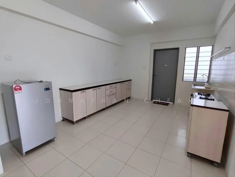 Kitchen features: white painted walls, tile flooring, single-bowl stainless-steel sink, chrome pull-down faucet, kitchen cabinetry with light wood finish, countertop with dark surface, refrigerator, window with grid pattern, door with handle, overhead lighting; style: modern.