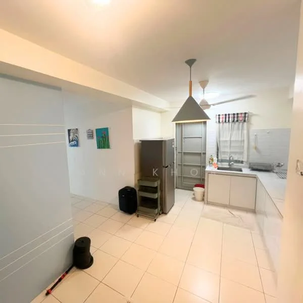 Kitchen features: white cabinetry, grey countertop, stainless-steel fridge, built-in oven, ceramic tile flooring, pendant light, window with white curtains, kitchen sink, wall-mounted shelves, open shelving, ceiling fan; style: modern.
