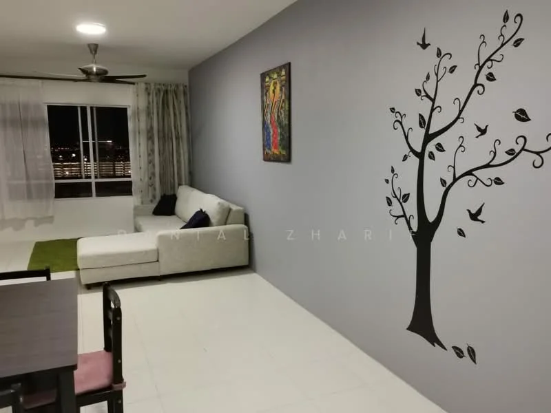 Living features: light grey painted walls, white ceiling, 5-blade ceiling fan, floor-to-ceiling windows, sheer curtains, L-shape sectional sofa in light grey, decorative wall art, green area rug, dining table with chairs; style: modern; view: city.
