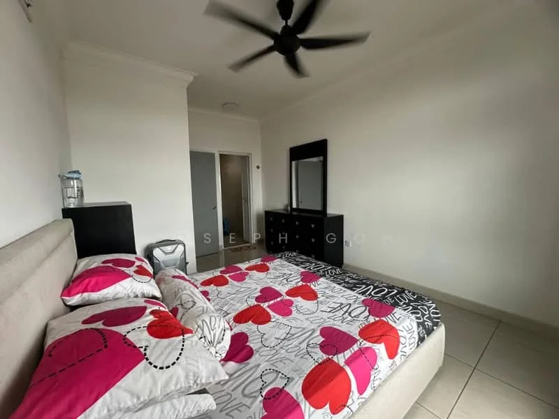 Bedroom features: queen-size bed with patterned bedding, upholstered headboard, 2 bedside pillows, ceiling fan, built-in wardrobe, mirror on dresser, tile flooring, white painted walls, crown moulding; style: modern.