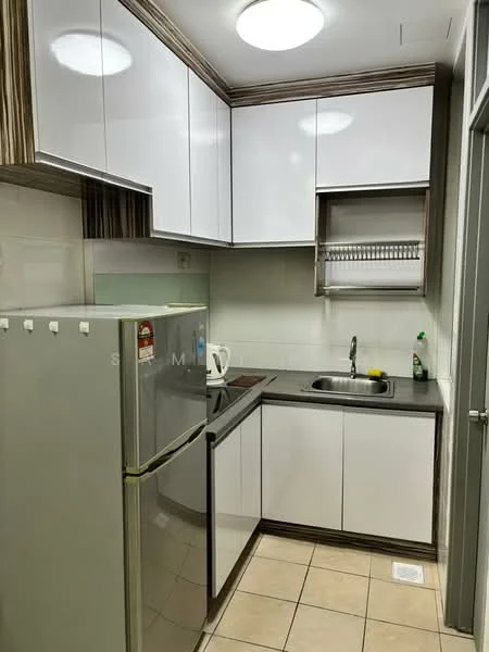 Kitchen features: white glossy cabinetry, grey countertop, stainless-steel sink, chrome pull-down faucet, built-in microwave, stainless-steel fridge, kettle, tile flooring, recessed ceiling lights, open shelving, wall-mounted dish rack; style: modern.