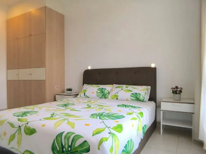 Bedroom features: king-size bed with floral bedding, upholstered headboard in brown, two bedside tables with drawers, table lamps on each bedside table, built-in wardrobe with light wood finish, white painted walls, ceramic tile flooring, large window with sheer curtains, decorative plants on bedside table; style: modern.