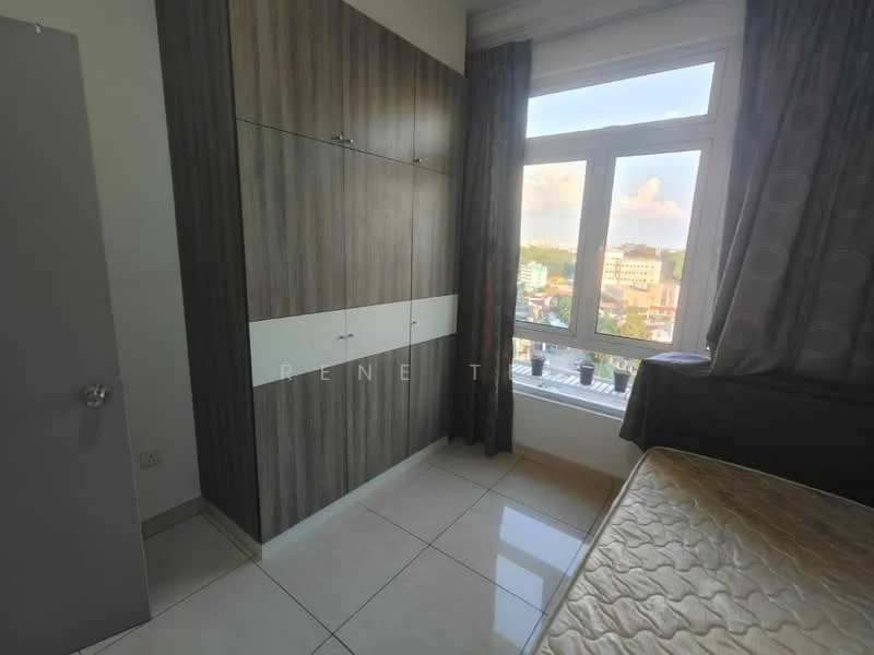 Bedroom features: built-in wardrobe with wood finish, white cabinet doors, large window with city view, grey curtains, tile flooring, queen-size bed, decorative wall, neutral wall color; style: modern; view: city.