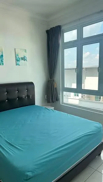 Bedroom features: queen-size bed with upholstered headboard, light blue bedspread, white painted walls, floor-to-ceiling windows, curtains in grey, tile flooring, decorative artwork on walls; style: modern; view: city.