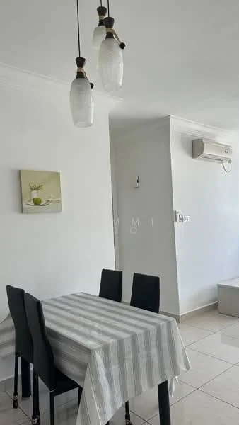Dining features: 4-seater dining table with striped tablecloth, black dining chairs, pendant lighting with glass shades, white painted walls, cream tiled flooring, wall-mounted air conditioning unit, decorative wall art with a green apple, neutral color scheme; style: modern.