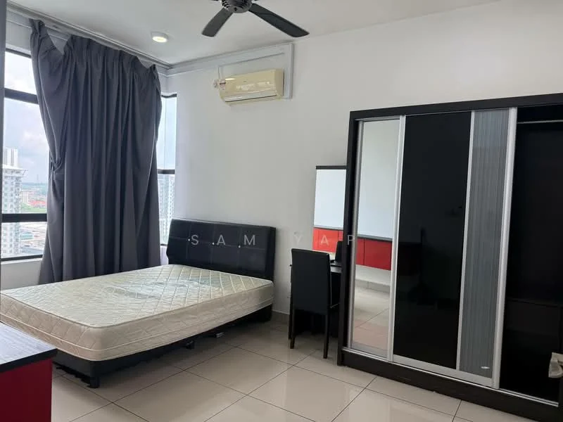 Bedroom features: floor-to-ceiling windows, grey curtains, 1 wall-mounted split AC, ceiling fan, queen-size bed frame without mattress, black upholstered headboard, black wardrobe with sliding doors, study desk, black chair, white walls, glossy tile flooring, decorative wall mirror; style: modern; view: city.