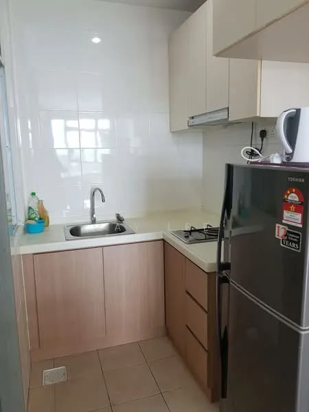 Kitchen features: single-bowl stainless-steel sink, chrome pull-down faucet, white laminate countertop, wood cabinetry with light brown finish, built-in gas hob, stainless-steel fridge, white tiled backsplash, ceramic tile flooring, recessed downlights; style: modern.