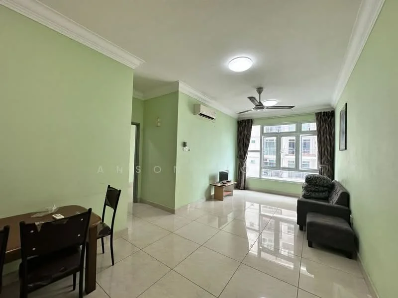 Living features: light green painted walls, white ceiling, marble tile flooring, 5-blade ceiling fan with light, wall-mounted air conditioning unit, floor-to-ceiling windows, curtains, sofa, coffee table, TV console, dining table with chairs; style: modern; view: city.