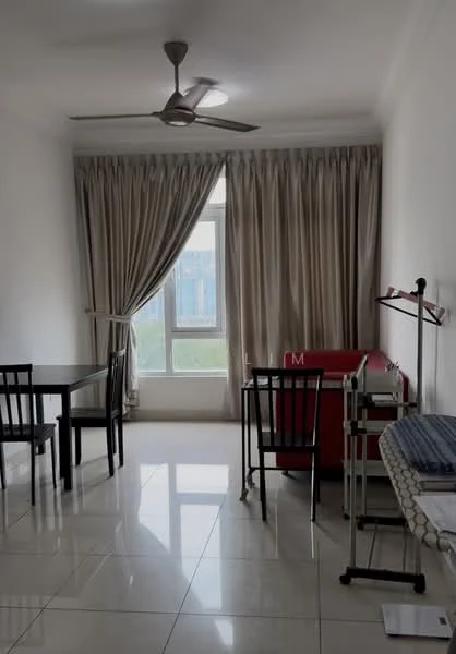 Room features: white painted walls, glossy tile flooring, 5-blade ceiling fan with light, floor-to-ceiling window, sheer curtains, black dining table with four chairs, red sofa, study desk with lamp, foldable ironing board; style: modern; view: city.