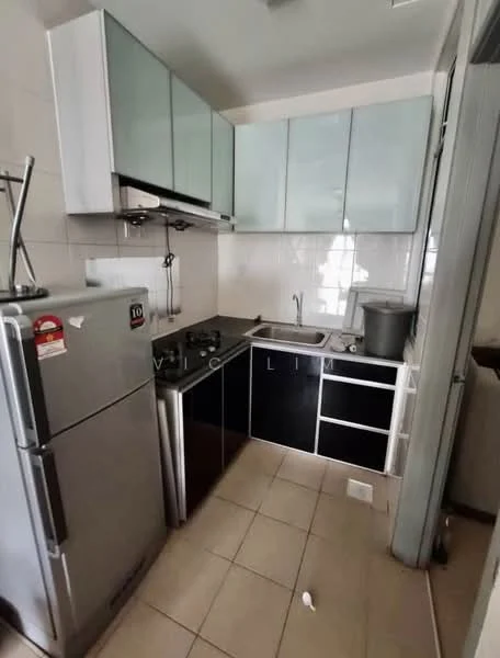 Kitchen features: stainless-steel fridge, black countertop, single-bowl stainless-steel sink, chrome pull-down faucet, built-in gas hob, black cabinetry with glass upper cabinets, white tiled backsplash, ceramic tile flooring, wall-mounted range hood, window for natural light; style: modern.