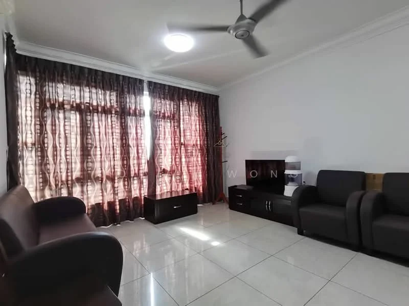 Living features: 2-seater fabric sofa in dark brown, 2-seater fabric sofa in light brown, coffee table, TV console, wall-mounted TV, floor-to-ceiling windows, sheer curtains, dark patterned curtains, white painted walls, polished ceramic tile flooring, ceiling fan with light, decorative wall art; style: modern.
