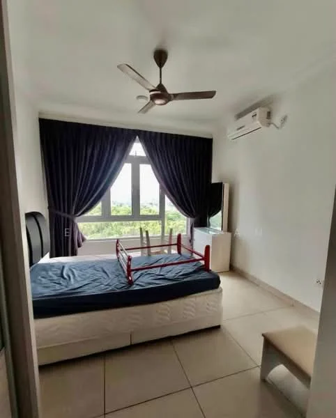 Bedroom features: queen-size bed, upholstered headboard, bedside table, 3-blade ceiling fan, floor-to-ceiling windows, blackout curtains, light-colored walls, tile flooring, air conditioning unit, dressing table, mirror; style: modern; view: garden.