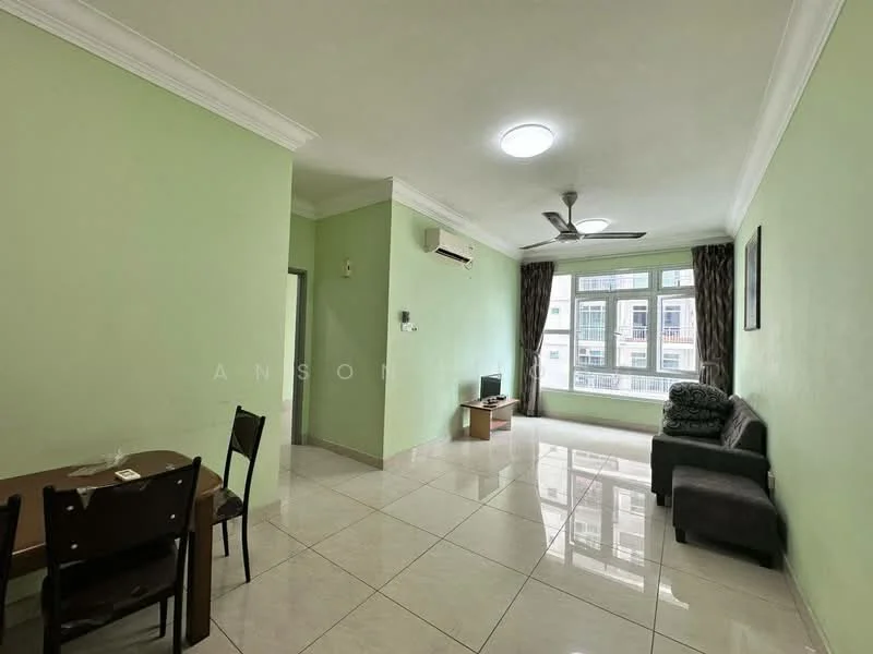 Living features: light green painted walls, white ceiling, marble tile flooring, 5-blade ceiling fan with light, floor-to-ceiling windows, curtains, sofa in dark grey, TV console, wall-mounted TV, dining table for 4, chairs, air conditioning unit; style: modern.