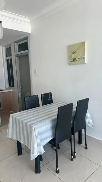 Dining features: dining table with striped tablecloth, 4 black dining chairs, white painted walls, tile flooring, framed artwork on wall, natural light from window, open layout to kitchen, light fixture on ceiling; style: modern.