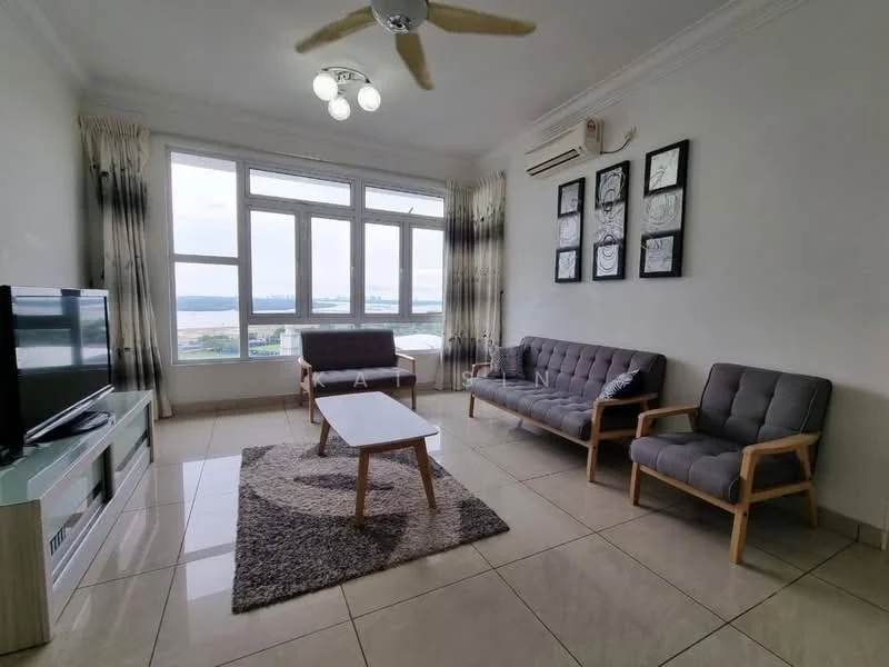 Living features: 3-seater fabric sofa in grey, 2-seater fabric sofa in grey, wooden coffee table, area rug with geometric pattern, wall-mounted TV, TV console, floor-to-ceiling windows, curtains, ceiling fan with light, decorative wall art, white painted walls, glossy tile flooring; style: modern; view: city.