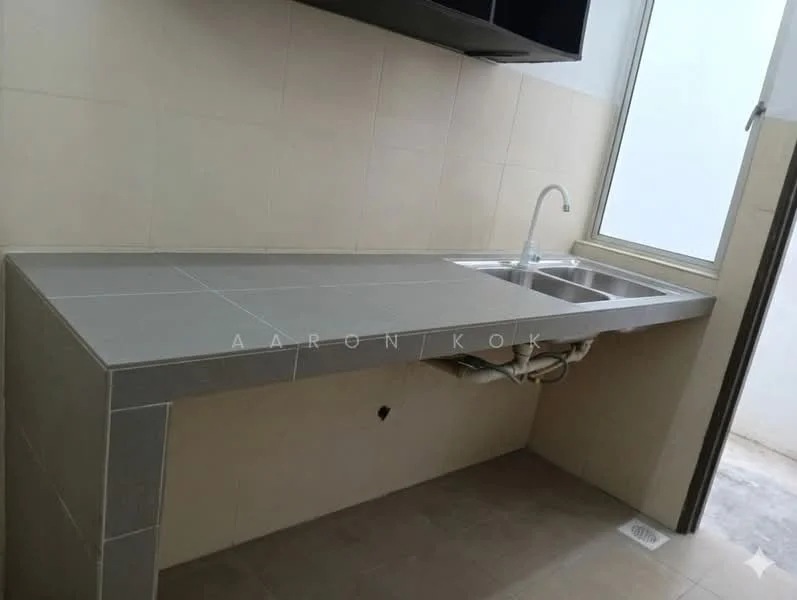 Kitchen features: double-bowl stainless-steel sink, chrome pull-down faucet, grey tiled countertop, white tiled walls, window with view, under-sink plumbing visible, light-colored flooring, wall-mounted cabinetry above countertop; style: modern.
