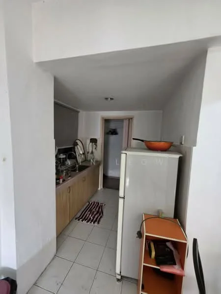 Kitchen features: white painted walls, tile flooring, kitchen cabinets in light wood, stainless-steel fridge, sink, countertop, kitchen utensils on countertop, striped kitchen mat. Room features: doorway leading to another room.