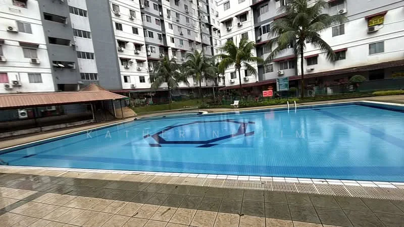 Exterior type: mid-rise condominium; features: swimming pool, pool deck with loungers, surrounded by palm trees, manicured landscaping, covered gazebo, multiple air conditioning units visible on building facade; style: modern.