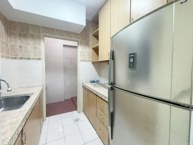 Kitchen features: single-bowl stainless-steel sink, chrome pull-down faucet, granite countertop, light wood cabinetry, built-in refrigerator, ceramic tile flooring, white tiled backsplash, open shelving, wall-mounted cabinets, neutral wall color; style: modern.
