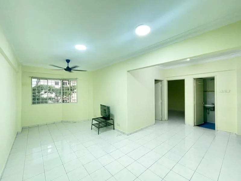 Living features: white painted walls, white ceiling, recessed downlights, 5-blade ceiling fan, large window with grid pattern, ceramic tile flooring, TV console, wall-mounted TV, neutral color scheme, open layout, natural light, corner space, access to adjacent rooms; style: modern; view: garden. Room features: white painted walls, white ceiling, ceramic tile flooring, doorway leading to bathroom, doorway leading to bedroom.