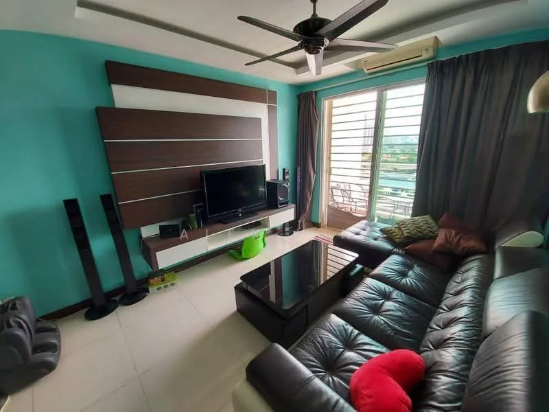 Living features: black leather sectional sofa, glass coffee table, TV console, wall-mounted TV, ceiling fan with light, green accent chair, decorative cushions, sliding glass door, floor-to-ceiling windows, curtains, light-colored walls, white ceiling, tile flooring; style: modern; view: city.