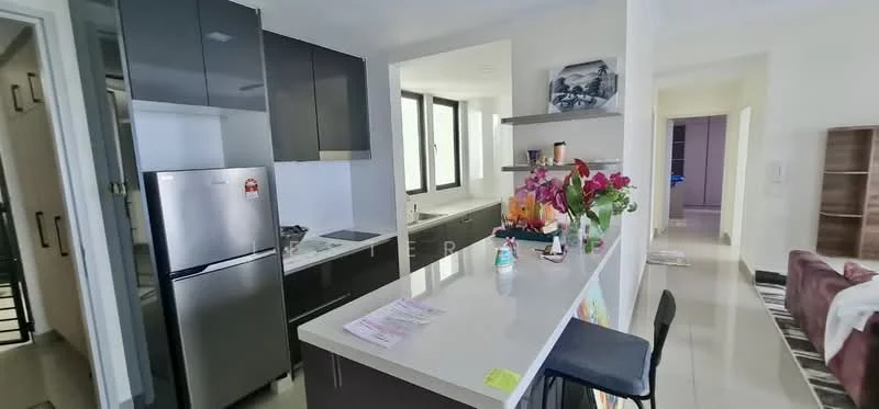 Kitchen features: black cabinetry, white countertop, stainless-steel fridge, built-in gas stove, kitchen island with seating, double-basin sink, modern faucet, wall-mounted shelves, decorative flowers, tile flooring, large windows, open layout to living area; style: modern. Living features: sofa, coffee table, TV console, area rug, laminate flooring, decorative items; style: modern.