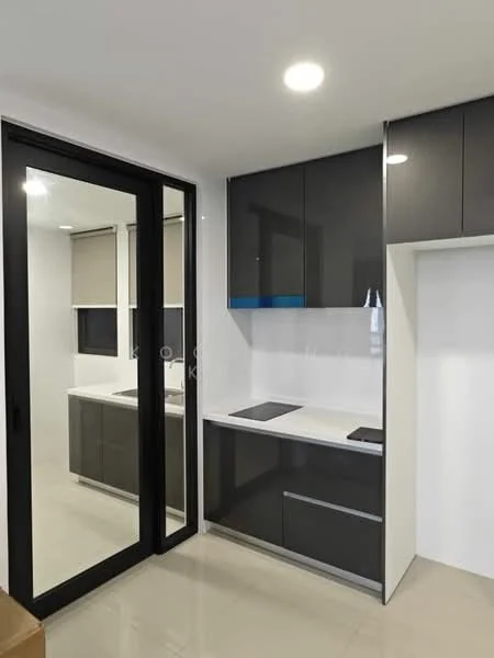 Kitchen features: black glossy cabinetry, white countertop, built-in induction cooktop, single-bowl stainless-steel sink, chrome pull-down faucet, glass sliding door, tile flooring, recessed LED downlights, window with roller blinds; style: modern.