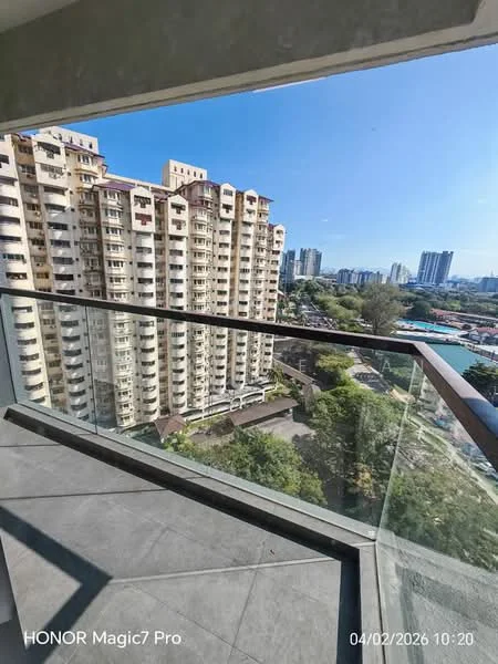 Room features: glass railing, concrete flooring, city skyline view, balcony, outdoor space, clear blue sky, surrounding greenery, high-rise buildings in view; style: modern; view: city.