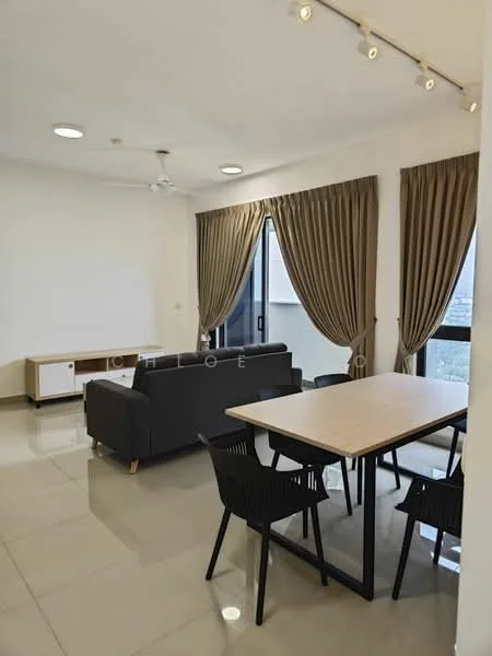 Living features: grey fabric sofa, wooden coffee table, black dining chairs, dining table with light wood finish, floor-to-ceiling windows, sheer curtains, blackout curtains, recessed ceiling lights, cream painted walls, glossy tile flooring, ceiling fan; style: modern; view: city.
