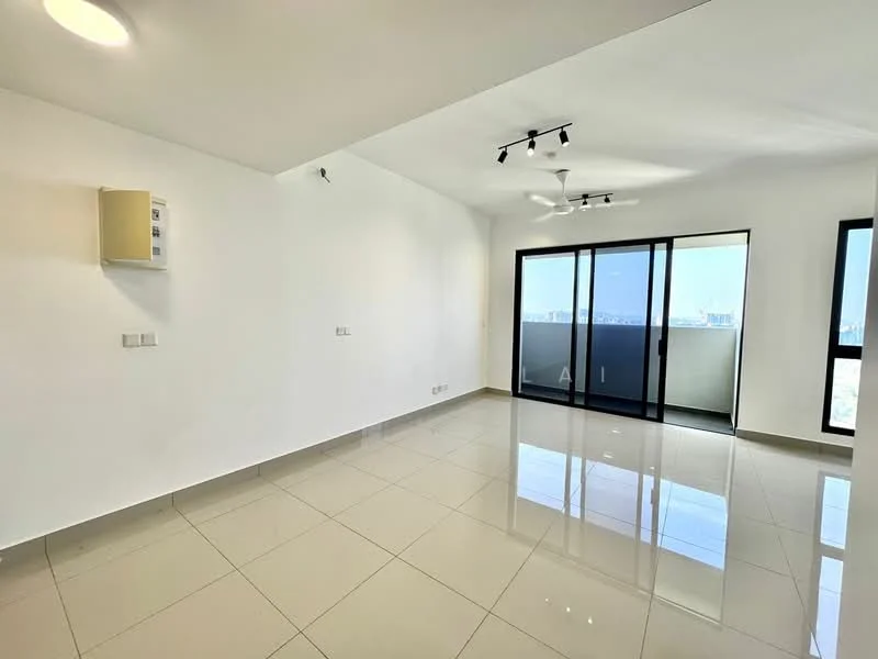 Living features: white painted walls, glossy ceramic tile flooring, 5-blade ceiling fan with light, sliding glass door, floor-to-ceiling windows, balcony access, wall-mounted air conditioning unit, track lighting; style: modern; view: city.