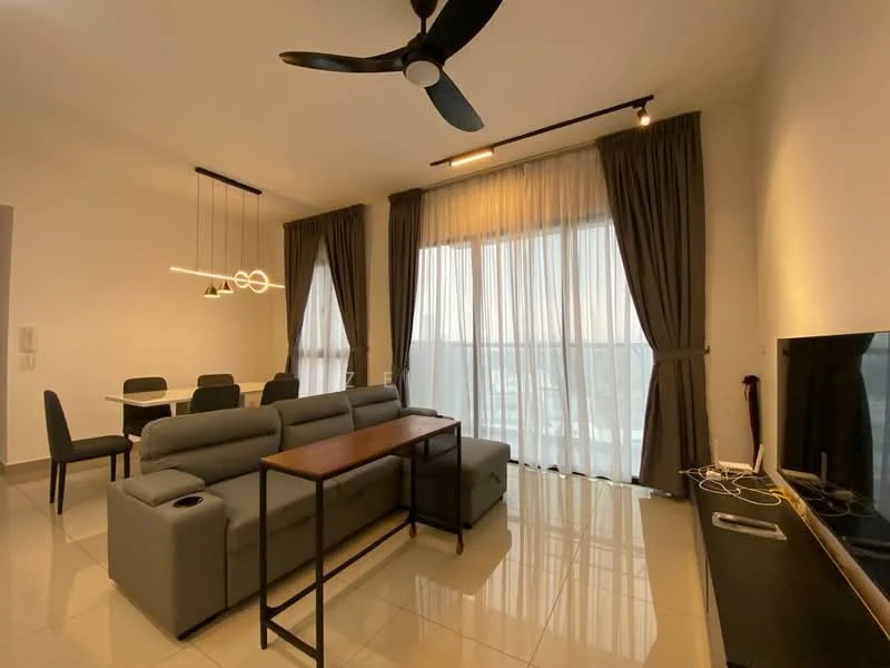 Living features: 3-seater fabric sofa in grey, wooden coffee table, wall-mounted TV, floor-to-ceiling windows, sheer curtains, dark grey curtains, 5-blade ceiling fan with light, recessed downlights, polished tile flooring, decorative pendant lighting, dining table with 6 chairs; style: modern; view: city.