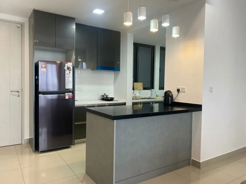 Kitchen features: black granite countertop, grey cabinetry, stainless-steel fridge, built-in oven, ceramic tile flooring, recessed downlights, pendant lights, white tiled backsplash, single-bowl stainless-steel sink, chrome pull-down faucet; style: modern.