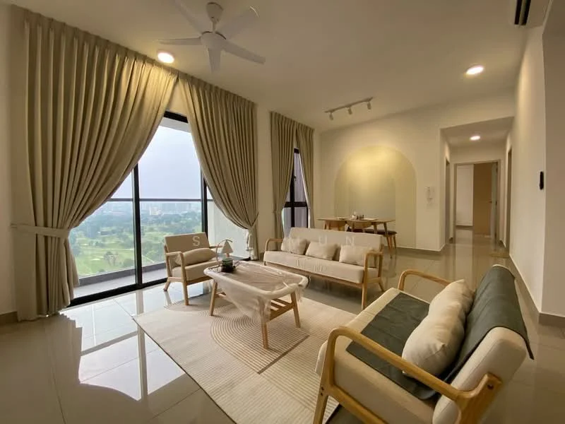 Living features: 3-seater fabric sofa in cream, 2-seater fabric sofa in green, wooden coffee table, area rug with geometric pattern, floor-to-ceiling windows, curtains in light beige, ceiling fan with light, recessed downlights, polished tile flooring, wall-mounted TV, dining table with chairs visible in background; style: modern; view: garden.