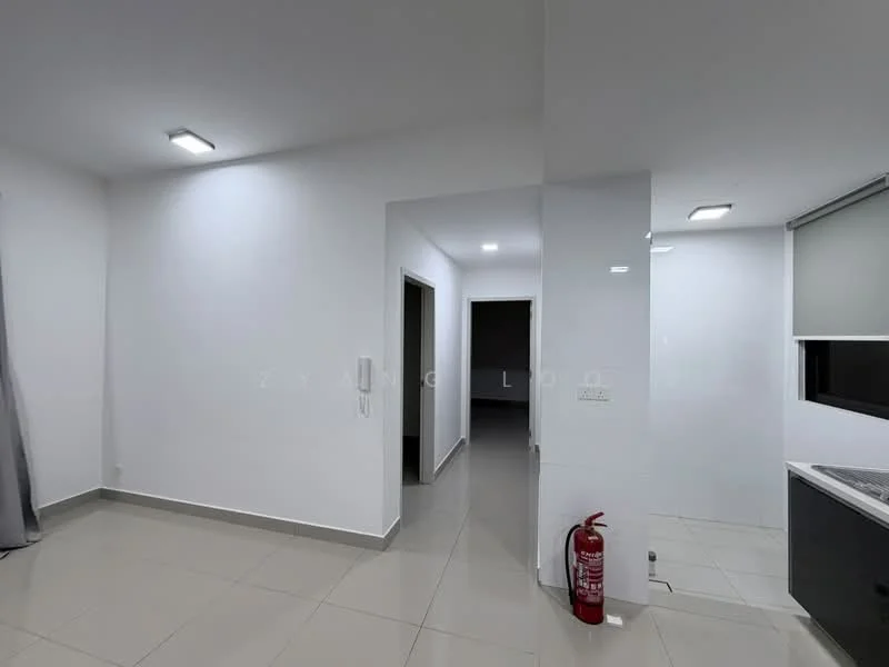 Room features: white painted walls, grey tiled flooring, recessed LED downlights, fire extinguisher, open layout, large window, neutral color scheme, modern design; style: modern.