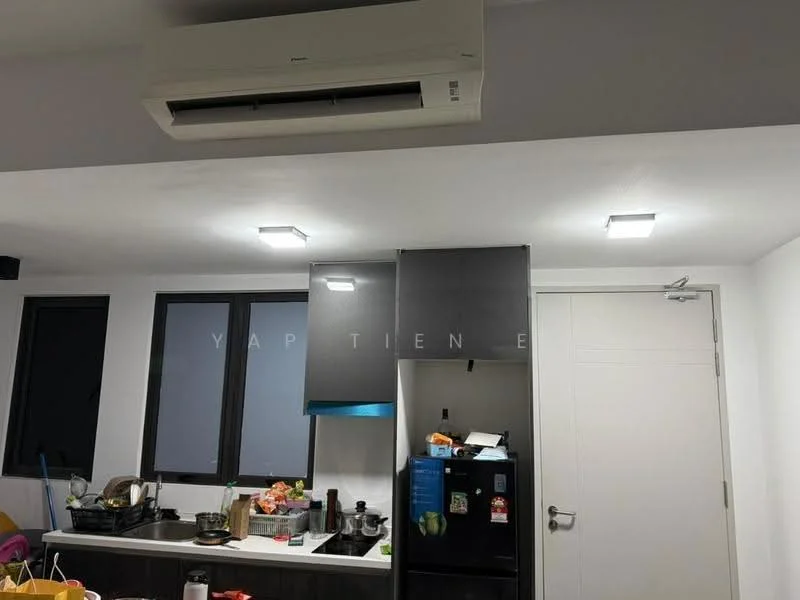 Kitchen features: black cabinetry, stainless-steel fridge, built-in oven, kitchen countertop, recessed LED downlights, wall-mounted split AC, double-basin sink, window with black frame; style: modern.