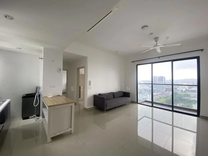 Living features: large floor-to-ceiling windows, grey fabric sofa, white painted walls, recessed downlights, sliding glass door, polished tile flooring, ceiling fan, city view, open layout, natural light; style: modern; view: city. Kitchen features: black washing machine, wooden countertop, white cabinetry, stainless-steel sink, built-in appliances; style: modern.