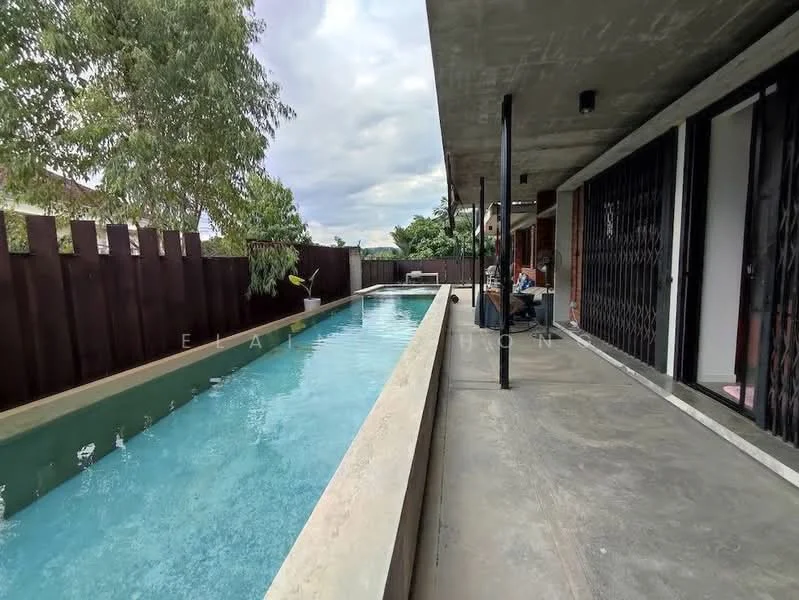 Room features: swimming pool, concrete flooring, exposed concrete ceiling, floor-to-ceiling windows, metal railing, outdoor seating area, landscaped garden, patio area; style: modern; view: garden.