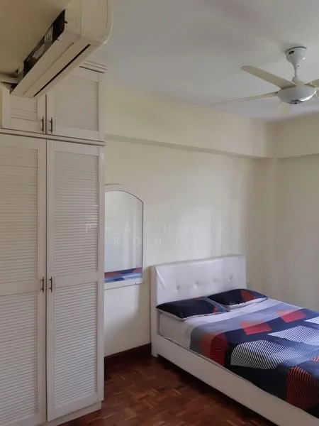 Bedroom features: queen-size bed with patterned bedding, white upholstered headboard, built-in wardrobe with louvered doors, mirror on wall, ceiling fan, wooden flooring, neutral painted walls, air conditioning unit; style: modern.