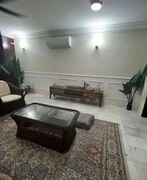 Living features: cream painted walls, white crown moulding, marble tile flooring, 5-blade ceiling fan with light, wall-mounted split AC, sofa with cream upholstery, glass coffee table, decorative area rug with intricate pattern, wooden TV console, indoor plants; style: modern.