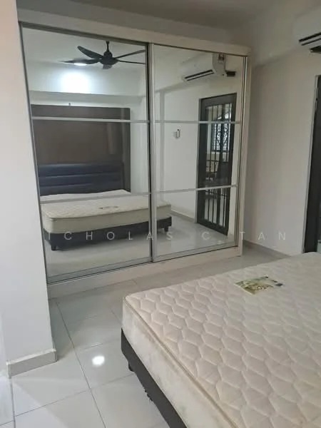 Bedroom features: queen-size bed, mirrored sliding wardrobe, 2 wall-mounted split AC units, ceiling fan, white painted walls, glossy tile flooring, window with black grille, bedside area with no visible furniture; style: modern.