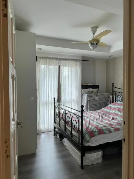 Bedroom features: king-size bed with patterned bedding, black metal bed frame, wooden flooring, 5-blade ceiling fan, sheer white curtains, floor-to-ceiling window, decorative wall with textured finish, built-in wardrobe with sliding doors; style: modern.
