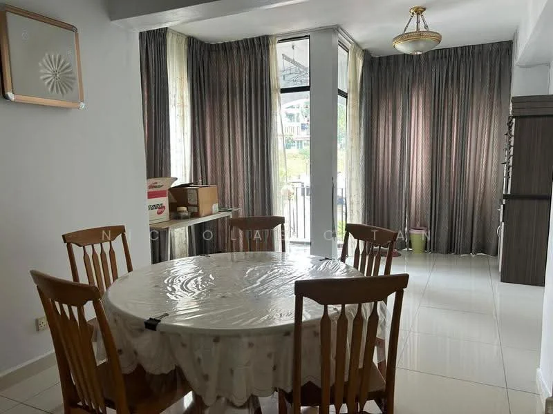 Dining features: round dining table with tablecloth, wooden dining chairs, large windows with sheer curtains, grey curtains, white tiled flooring, ceiling light fixture, boxes in the corner, wall-mounted artwork; style: modern.