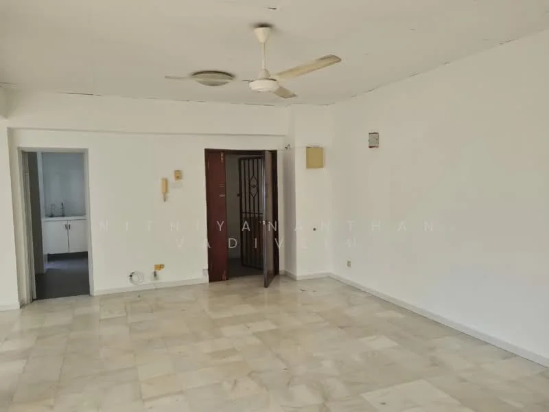 Living features: white painted walls, marble flooring, 5-blade ceiling fan, wall-mounted light fixture, doorway leading to kitchen, window with natural light, open layout, no visible furniture. Room features: white painted walls, marble flooring, doorway leading to living room, kitchen visible in background.