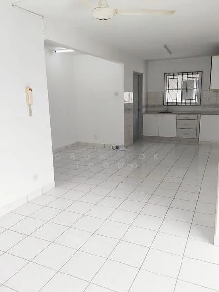 Kitchen features: white painted walls, white tiled flooring, ceiling fan, built-in cabinets, countertop, window with grille, kitchen sink, stainless-steel appliances; style: modern. Room features: white painted walls, white tiled flooring, window with grille.